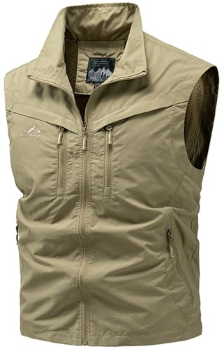 FEOYA Gilet för män utomhus fiskeväst safari resa arbete lätt väst med flera fickor snabbtorkande fotografi väst ledig ärmlös väst med dragkedja, Khaki, M
