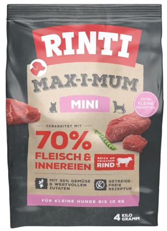 RINTI – Max-i-Mum Mini | Torrfoder för små, vuxna hundar med 70% kött och inälvor. Spannmålsfri helfoder med balanserat protein-/fettförhållande | 2 x 4 kg nötkött