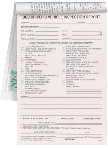 Bus Driver's Vehicle Inspection Report 10-pk. - Book Format with 31 Sets, 2-Ply Carbonless, 5.5 x 8.125 - Meet FMCSR Requirements - J. J. Keller & Associates, Inc.