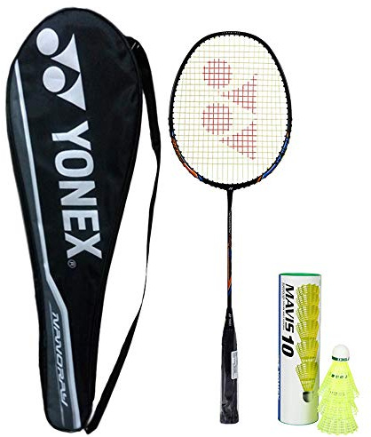 YONEX Professional bästa badmintonkombo (Nanoray-ljus 18i full grafitracket svart + Mavis 10 nylonfjäderlås, 6-pack)