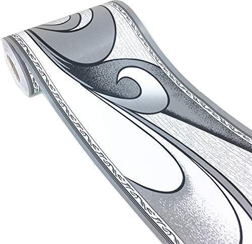 Wandaufkleber, Silbergrau, Wellen, Tapetenbordüre, abziehbar, für Badezimmer, Küche, Decke, Fliesen-Bordüre, wasserdicht, entfernbar, 10 cm x 10 m