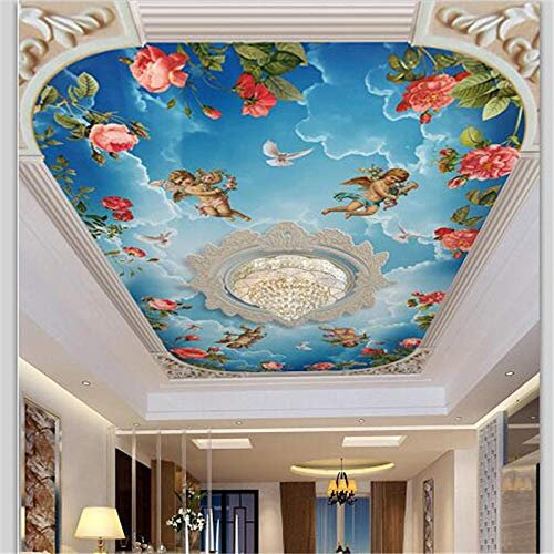 Custom Wallpaper 3D European Embossed Pattern Sky Angel Rosette Ceiling Zenith Fresco Wallpaper 3D Wall Mural,400(W)*280(H) Cm