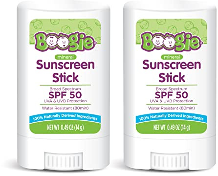 Boogie Mineral Sunscreen Stick SPF 50 - (2 Pack) 0.49 oz - Sunscreen for Kids - Broad Spectrum UVA & UVB Protection - Water Resistant - Hypoallergenic - 100% Naturally Derived Ingredients