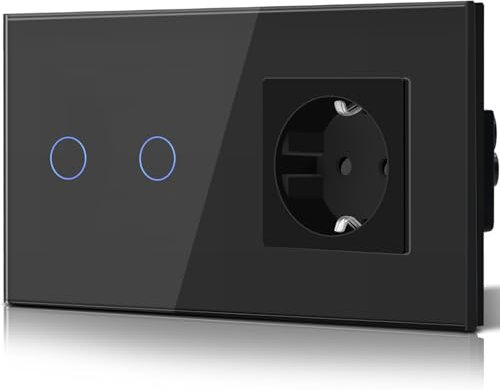 BSEED Lichtschalter mit Schuko Steckdose Glas, unterputz, 16 Amp CEE steckdosentresor, 2 Fach 1 Weg Touch Wandleuchtenschalter Schwarz, Flacher wechselschalter, Modern, Wasserdicht Innenschalter