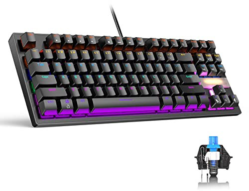 Anivia True Mechanical Gaming Keyboard With Blue Switches, 87 Keys Waterproof for PC Laptop PS4 PS5 Xbox, Rainbow Red Backlit, Classic Wired USB