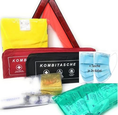 2X KFZ Verbandkasten Kombitasche Auto 2023 mit Warnweste, Erste Hilfe Pannen Set 2023,Warndreieck (Schwarz+Rot)