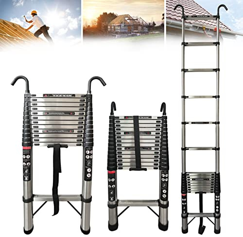 5M/16.4FT Retractable Telescopic Ladder Multi-purpose Roof Step Ladder, Extendable Loft Ladder with EN131 Standard & 2 Hooks, Folding Stair Platform for Outdoor Activities, 13 Steps, Max Load 150kg