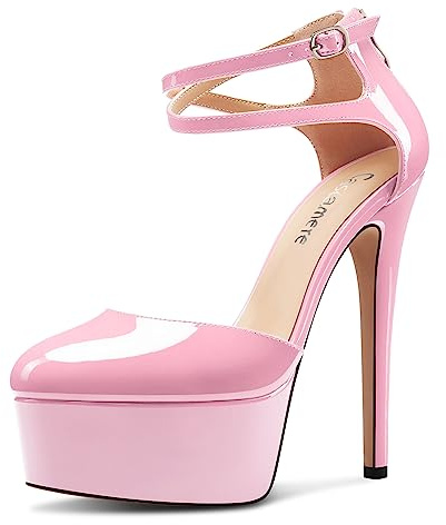 Castamere Femmes Aiguille Haut High Plate-Forme Talon Heel Rond Bout Lanières Cheville Escarpins Mariage Danse Dress 15 CM Heels Rose 44 EU