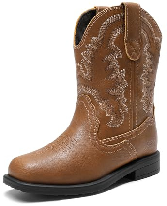 DREAM PAIRS KIDS Cowboy Boots | Soft Leather Growing Feet, Intricate Embroidery Detail, Pull-On Independent Wear