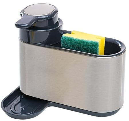 Erreke Dispenser Sapone Cucina, Porta Sapone Cucina con Porta Spugna, in Acciaio Inossidabile, Dosatore Detersivo Piatti Lavello da Cucina, Argento