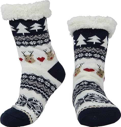 KATELUO Noël Chaussettes, Chaussettes de Noël Femmes, Chaussette Polaire Femme, Chaussettes de Pantoufle Femme, Chaussons Chaussettes Femme Noël, Chaussettes Chaud Antidérapantes (Bleu Marine)