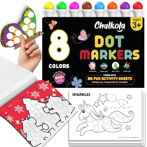 Chalkola 8 abwischbar Dot Marker | Dot Stifte Mit 20-Seitigem Mal-Aktivitätsbuch, Bingo Stift | Stempelstifte für kinder ab 2 | Bingo Dabber | Paint Art Set für Vorschulkinder, Bastelset für Kinder