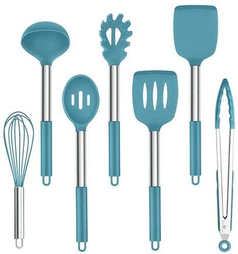 Homikit Küchenutensilien Set, 7 Stück Silikon Küchenhelfer Kochutensilien Set mit Edelstahlgriff, Antihaft Hitzebeständiger Kochgeschirr zum Kochen, Ungiftig, Spülmaschinenfest, Blau