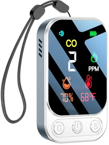 HAKINAKU Tragbarer CO-Melder Kohlenmonoxidmelder, Mobiler CO-Warner Kohlenmonoxid Warnmelder, CO-Messgerät CO-Messer mit Temperatur- & Luftfeuchtigkeitsanzeige, für Reise Camping, HD09-Grau