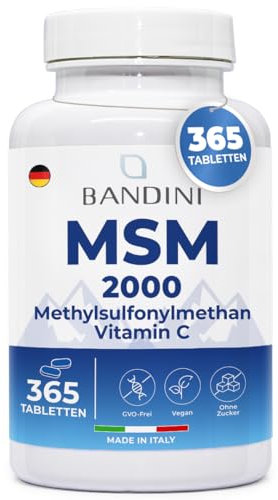 Bandini® MSM 365 Compresse, 2000 mg di Metilsulfonilmetano + Vitamina C, Integratore per Capelli, Ossa, Pelle, Articolazioni e Unghie, Antinfiammatorio Muscolare con Zolfo, 100% Vegan, Made in Italy