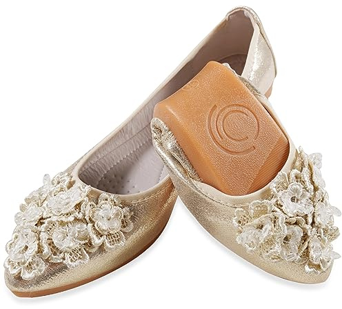 YOUNIFIZ Women's Elastic Foldable Portable Pumps Bling Beads Ballet Ballerina Flats Dolly Shoes (Gold,Size 6)
