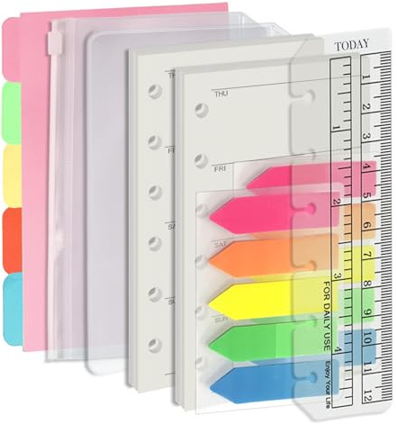 Harphia Lot de 90 feuilles de papier A7 à 6 trous avec autocollants et séparateurs - Inserts de planificateur avec pochettes pour cahier rechargeable au format A7 - Semaine