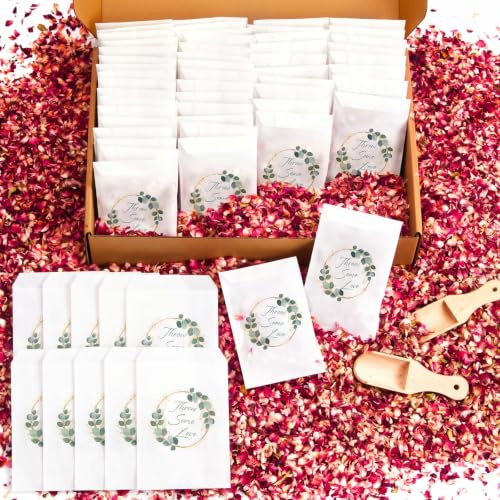 Tenare 100 Sets Wedding Confetti Bags Kit for 90-100 Guests Includes 360g Natural Dried Flower Dried Rose Petals Glassine Envelopes Paper Confetti Bags with Pattern for Wedding Anniversary