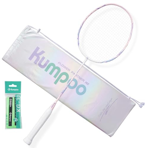 KUMPOO Raquette de badminton professionnelle 4U légère et haute résistance en fibre de carbone rose avec bandes antidérapantes et housse pour débutants, joueurs intermédiaires, Flower Partner Pro Rose