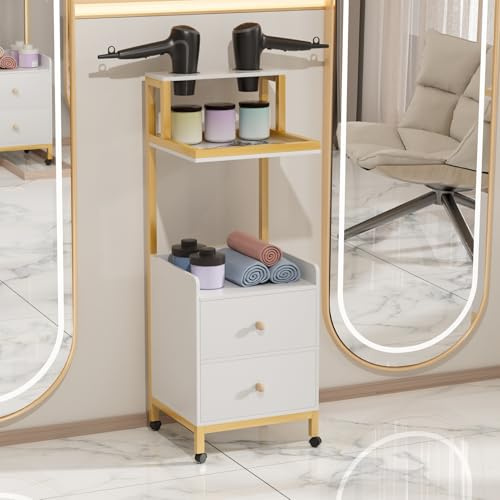 mufojyez Salon Cart, Multi-Functional Tool Storage Cabinet with Open Shelves & Dryer Holder, Hair Stylist Tool Storage Cabinet, Salon Supply Storage Cabinet, Rolling Barber Station Cart for Hair Styl