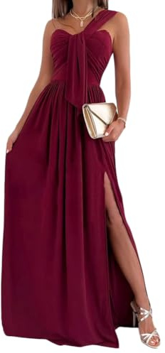 Oanviso Robe De Soiree Femme Chic Et Glamour Longue Elegant Ceremonie Mariage Maxi Robe Cocktail fête Droite Fluide Une Seule Manche Épaules Dénudées D Bordeaux M