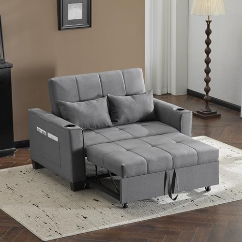 Miyemo 2 Seater Sofa Bed, 3 In 1 Convertible Sleeper Bed with Cup Holders & Side Pockets, Pull Out Sleeper Sofa with Adjustable Backrest, Fabric Sofa Chair for Living Room, Apartment, Grey