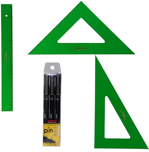Faber Castell Técnico - Regla 813-30 Cms + Escuadra 566-25 Cms + Cartabón 666-25 Cms-Tres Rotuldores Calibrados-Indicado para uso escolar y profesional