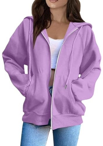 Sweats À Capuche Femme Zippé Oversize - Veste Polaire Femme Hiver Sport Casual Sweatshirt avec Poches Chaud Chic Et Élégant Sweats Couleur Unie Coton Sweat-Shirt(Violet,L)
