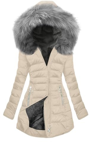 Genérico Abrigos De Pelo Sintetico Cazadora Mujer Invierno Abrigo con Cremallera Abrigos De Plumas con Capucha Chaqueta para Senderismo Ropa Unicolor Largo Midi Beige M
