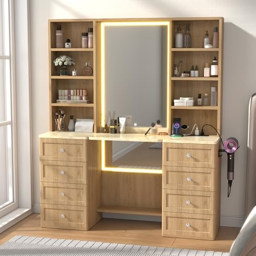 SFDOU 47.2 Flip-Top Makeup Vanity Desk Featuring 47x22 Full-Length LED Lighted Mirror, Modern Dressing Table Offering 8 Drawers, Open Shelves, Built-in Charging Station for Bedroom