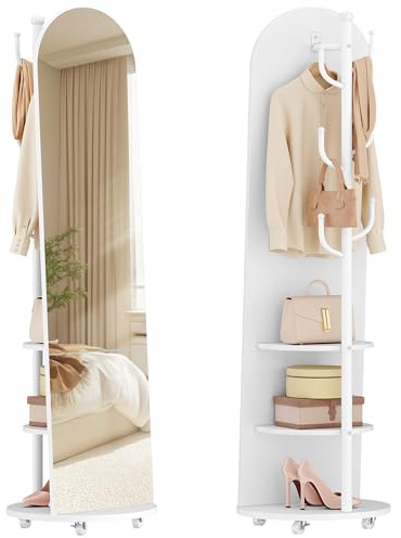 Hzuaneri Espejo de Cuerpo Entero, Espejo de Pie con Ruedas Giratorias de 360°, 165 x 45 cm, 2 Estantes y 6 Ganchos, para Dormitorios, Vestidores y Salón, Vidrio Templado, Blanco DM42303W