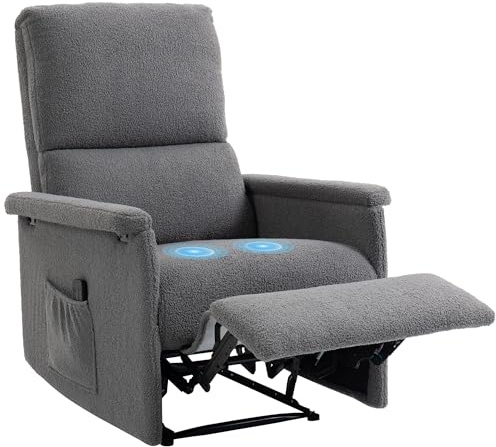 HOMCOM Fauteuil de Massage inclinable, Fauteuil de Relaxation en Polaire Teddy avec Dossier réglable, Large Assise, Repose-Pied, Poche latérale et télécommande, pour Salon, Chambre, Home cinéma, Gris
