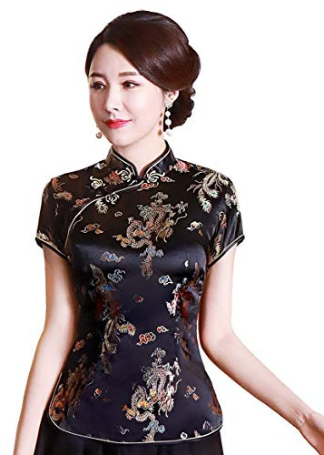 Shanghai Story Chinese Cheongsam Shirt Short Sleeve China Blouse for Women 12 B Black