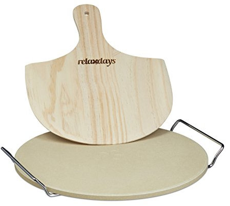 Relaxdays Pizzastein Set 1 cm Stärke mit Metallhalter und Pizzaschieber aus Holz HBT 4 x 32 x 32 cm runder Brotbackstein für Pizza und Flammkuchen mit Pizzaschaufel für Pizzaofen, natur