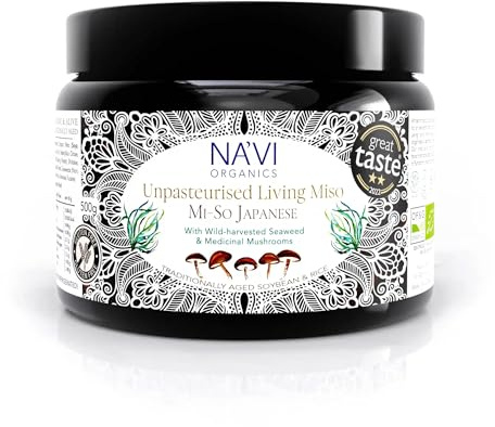 Navi Organics Japanese Style Unpasteurised Living Miso Paste 500g | Instant Miso Soup | Aged 2 Years with Seaweed & Mushroom Blend | Rich in Enzymes & Probiotics | Gluten Free Soup & Cooking