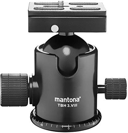 Mantona Basic TBH 3. VIII Kugelkopf – 360° Panorama Kugelkopf mit Friktion und Schnellwechselplatte, Traglast 25 kg, Höhe 12 cm, Gewicht 740 g, für Foto Stativ, DSLR und DSLM Kamera