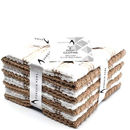 Penguin Home Premium Reusable Dish Cloth for Kitchen (30x30 cm, Pack of 8 Tan) - Eco Friendly & Sustainable 100% Cotton Kitchen Dish Cloths & Rags Super Absorbent & Fast Drying