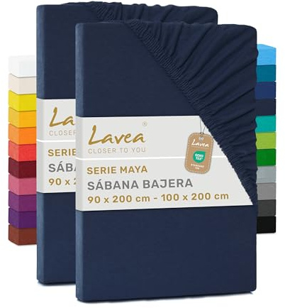 Lavea® Set 2 Lenzuola con Angoli Singolo 90x200 cm - 100% Cotone Morbido e Traspirante - per Materassi alti fino a 20 cm - con Elastico in Jersey - Blu Galassia
