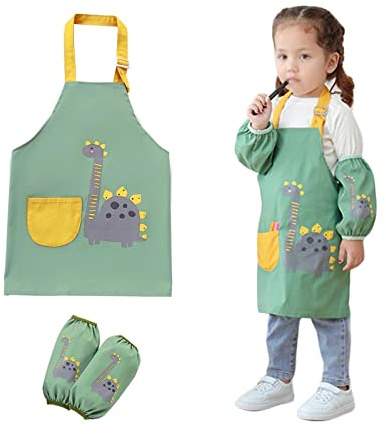 Grembiule da Pittura e Cucina per Bambini - Set da Cuoco Con Dinosauro, Impermeabile, Regolabile, Con Tasca e 2 Maniche - per Ragazzi e Ragazze (2-5 Anni)