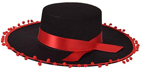 Sombrero de pelea de toros español, disfraz de Matador, sombrero negro y rojo para mujeres y hombres (negro con ribete rojo)