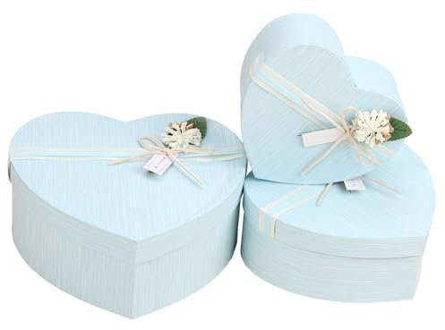 HWX Media Geschenkkiste Herzbox Geschenkverpackung Geburtstag - 3er Set Blaue Herz-Boxen mit Schleifenband (L/M/S) - Für Valentinstag & Weihnachten - 20x21,5x9 cm