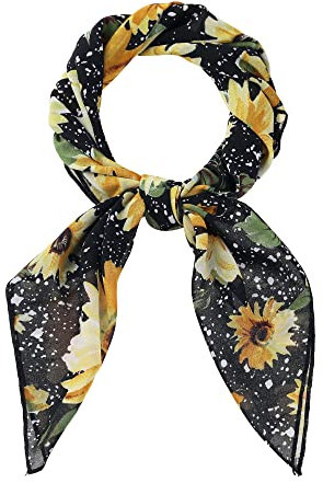 Allegra K Damen Chiffon Schal – 27,6 x 27,6 – Quadratisches Halstuch mit Blumendruck Schwarze Sonnenblume 70x70cm/27.6x27.6 inches(LxW)