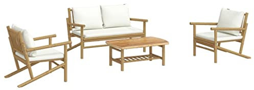 vidaXL Loungegrupp 4 delar gräddvita dynor bambu, trädgårdssoffa, utemöbler, loungeset, trädgårdssoffor, trädgårdsmöbler, loungegrupp i bambu