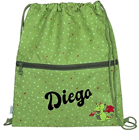 minimutz Kindergarten Turnbeutel mit Name | Personalisierter Schuhbeutel mit Tiermotiv Drache Diego Dragon | Sportbeutel zum Zuziehen Kinder-Rucksack