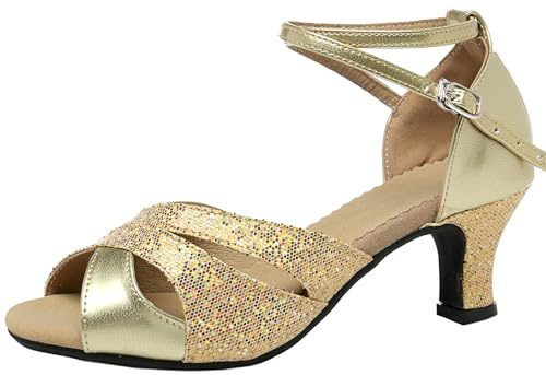 WUIWUIYU Women's Ankle Strap Dance Shoes for Ballroom Salsa Tango Flamenco Latin Paso Doble Footwear Size 7 Gold(Rubber Sole)