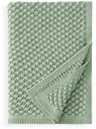 Peri Home Crochet Throw for Bedroom, Comfy 100% Cotton Knit Blanket for Bed Sofa Couch, Sage, 50 x 70