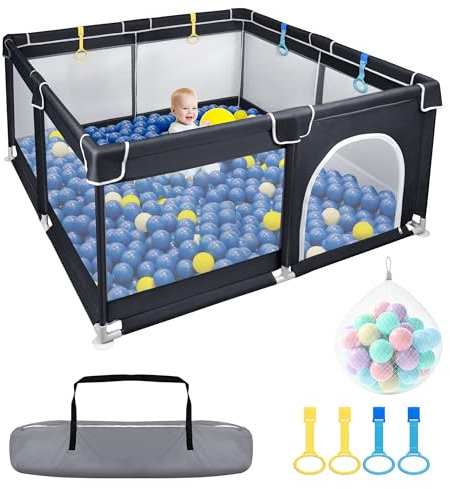 FIVMEN Laufstall Baby 127x127 cm Laufgitter Bällebad mit 50 Bällen, Atmungsaktivem Netz und 4 Zugringen Baby Playpen Aktivitätszentrum Absperrgitter Schutzgitter, Schwarz