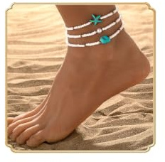Dishowme turkos sjöstjärna fotlänk armband 3 st böhmiska pärlor fotkedja elastisk sommar strand barfota sandal smycken för kvinnor, Einheitsgröße, Metall, Ingen ädelsten