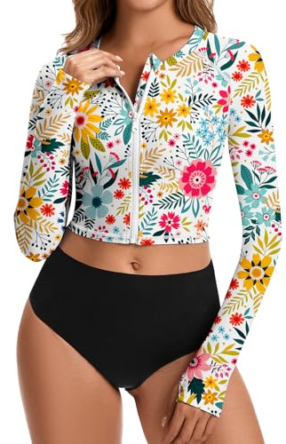 WOWENY Cropped Rash Guard Shirts for Women Long Sleeve with Thumb Holes UPF50+ Surfing Swimsuit Top No Bottom(Full Zip Up Flowers, L)