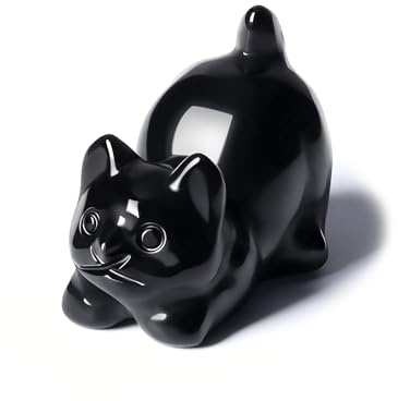JSDDE Figurine Chat Étiré en Pierres et Cristaux Naturelles pour Décoration intérieurs Statue Ornement Sculpté de Chat Mignon Pierre Précieuse Lithotherapie Collection Minéraux Animaux (Obsidienne)